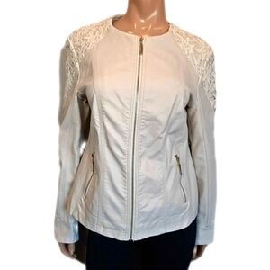 💠CLEO Faux Leather Jacket Cream Gold Lace Accent Vegan Collarless Moto Neutral
